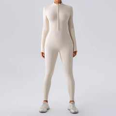 Women's high elastic zipper yoga jumpsuit – front view full length