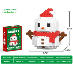 Detailed Christmas-themed snowman figure made from tiny building blocks, featuring a red hat, scarf, and carrot nose, perfect for festive holiday decorations.