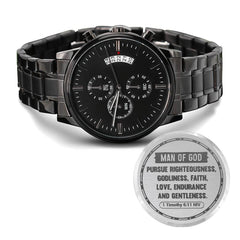 Black men's chronograph watch with a metal link band, featuring a sleek black dial with multiple subdials and a scripture-engraved caseback with a faith-based message.