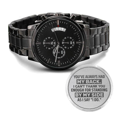 Men’s black chronograph watch with a sleek stainless steel band, featuring a date display and engraved heartfelt message for groomsman appreciation.