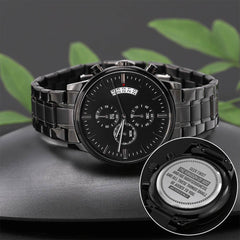 Men's black chronograph watch with a sleek metal band, featuring a scripture-engraved caseback as a faith-inspired and meaningful gift.