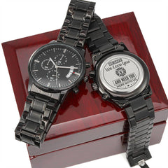 Engraved charcoal black men's chronograph watch with a firefighter tribute message on the back, displayed on a polished wooden gift box, ideal as a heartfelt gift.