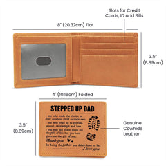 Genuine cowhide leather bifold wallet with an engraved heartfelt message for stepdads, featuring multiple slots for credit cards, ID, and bills, perfect as a sentimental gift.
