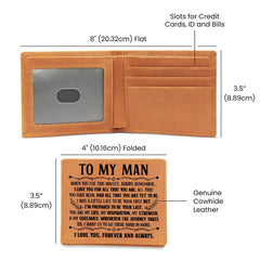 Genuine cowhide leather bifold wallet with personalized inspirational message, multiple credit card and ID slots, durable stitching, and compact design for everyday use.