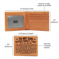 Genuine cowhide leather bifold wallet with heartfelt personalized message for son, featuring multiple card slots and ID window, measuring 8 by 3.5 inches when open.