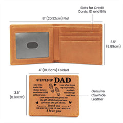 Tan genuine leather wallet with engraved sentimental message for a stepdad, featuring multiple card slots and ID window, measuring 8 by 3.5 inches when open.