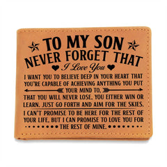 Genuine leather bifold wallet with a heartfelt inspirational message for a son, expressing love, encouragement, and support from a parent.