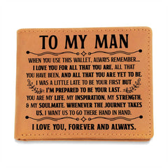 Tan genuine leather bifold wallet engraved with a heartfelt romantic message expressing love, inspiration, and commitment for a husband or boyfriend.