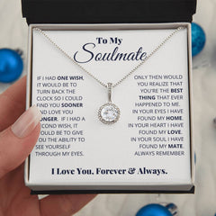 Elegant silver necklace with a sparkling cushion cut center crystal surrounded by smaller stones, displayed in a heartfelt soulmate gift box with a loving message.