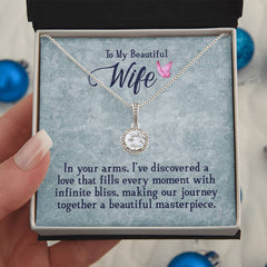Elegant silver necklace with a cushion cut cubic zirconia pendant displayed in a gift box featuring a heartfelt message for a wife, perfect for sentimental gifts.