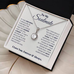 Elegant silver necklace with a sparkling cushion cut cubic zirconia pendant, presented in a gift box with a romantic heartfelt message for a soulmate.
