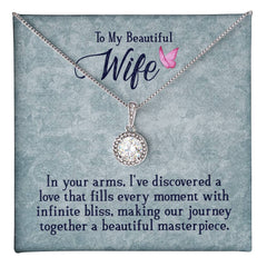Silver necklace with a sparkling cushion cut cubic zirconia pendant displayed on a heartfelt card reading a loving message for a wife about infinite bliss and a beautiful journey together.
