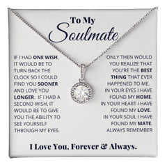 Elegant necklace with a sparkling cushion cut cubic zirconia pendant displayed on a heartfelt message card expressing love and deep connection for a soulmate.