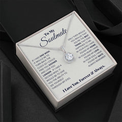 Elegant silver necklace with a sparkling cushion-cut cubic zirconia pendant, presented in a gift box featuring a heartfelt soulmate message, ideal for sentimental gift giving.