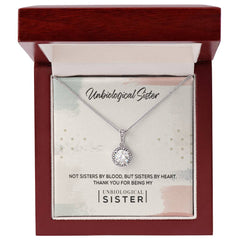 Unbiological Sister Eternal Hope Necklace in silver with crystal pendant in a red jewelry box