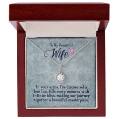 Elegant silver necklace with sparkling round cubic zirconia pendant displayed in a polished wooden gift box with a heartfelt love message for wife.