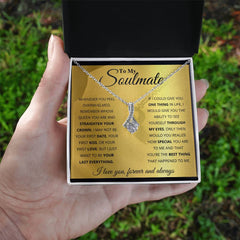 To My Soulmate Alluring Beauty Necklace, silver-tone chain with crystal teardrop pendant in a gift box.