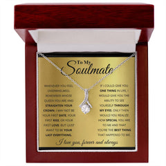 To My Soulmate Alluring Beauty Necklace in a red jewelry box; silver chain with a crystal pendant on a gold card.