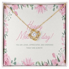 Gold love knot necklace with sparkling crystals displayed on a floral Mother’s Day card featuring a sentimental message about love and appreciation.