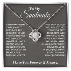To My Soulmate Love Knot Necklace, silver jewelry with a crystal center pendant on a chain