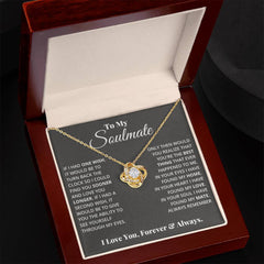 To My Soulmate Love Knot Necklace in gold-tone with crystal heart pendant, presented in ShineOn Fulfillment jewelry box.