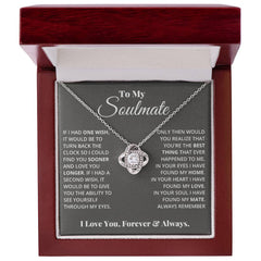 To My Soulmate Love Knot Necklace by ShineOn Fulfillment; silver pendant with a crystal centerpiece in a red jewelry box