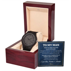Elegant wooden watch displayed in a polished dark wood gift box alongside a heartfelt message card expressing love and inspiration, perfect for a sentimental gift.