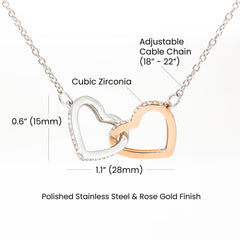Interlocking Hearts Necklace with stainless steel and rose-gold finish, cubic zirconia edges, adjustable 18-22 in chain