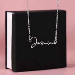 Signature Style Name Necklace in silver with a script name pendant on a delicate chain.
