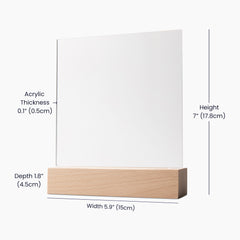 Square clear acrylic plaque with a natural wooden base, shown with dimensions for height, width, depth, and acrylic thickness, ideal for personalized heartfelt gifts.