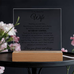Clear acrylic plaque with a heartfelt romantic message for a wife, displayed on a wooden light-up base, styled as a sentimental gift for home décor.