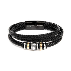 Black braided leather bracelet with decorative silver and gold-tone beads and a clasp engraved with the words "love you forever," designed as a sentimental gift.