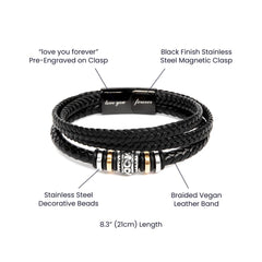 Black braided vegan leather bracelet for men with stainless steel decorative beads and magnetic clasp engraved with "love you forever" on the clasp.