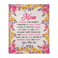Coral fleece blanket with a floral border and heartfelt message from a son to his mom expressing love, hope, and comfort to brighten her days and nights.