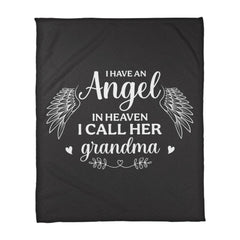 Black coral fleece blanket with white script text and angel wings design, expressing a heartfelt memorial tribute to a grandmother who has passed away.