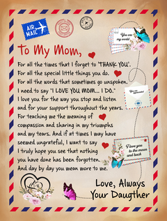 Vintage-style letter with a heartfelt message from a daughter to her mom, decorated with roses, butterflies, hearts, and postage stamps in an air mail envelope design.