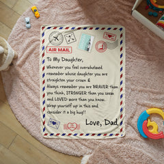 Personalized Sherpa fleece blanket with a heartfelt message from a dad to his daughter, styled like an air mail letter, perfect as a sentimental gift.