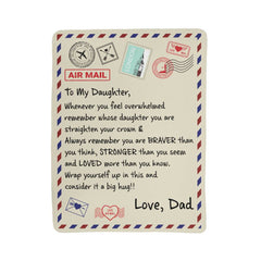 Sherpa fleece blanket designed like an airmail envelope featuring a heartfelt message from a dad to his daughter about bravery, strength, and love, perfect as a sentimental gift.