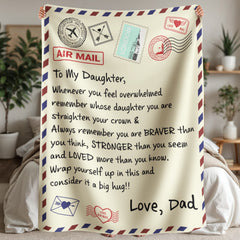 Sherpa fleece blanket designed like an airmail envelope, featuring a heartfelt message from a dad to his daughter encouraging strength, love, and courage.