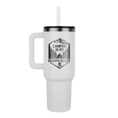 White stainless steel tumbler with handle and straw, featuring a laser-engraved camping-themed design that says "Camping is my happy place" with mountain and forest graphics.