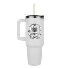 White stainless steel tumbler with handle and black lid, featuring a lock and key design and the phrase "You've got the key to my heart," designed for personalized and sentimental gifting.