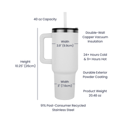 White 40oz stainless steel tumbler with handle and straw, featuring laser engraved design, double-wall copper vacuum insulation, powder-coated exterior, and multiple size measurements.