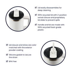 Close-up images of a white tumbler featuring a recyclable lid with a two-position swivel closure, a color-matched handle, and a silicone gasket securing a BPA-free straw.