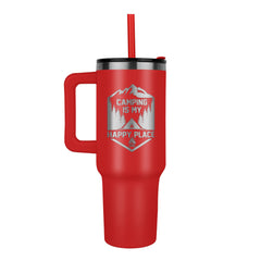 Red insulated tumbler with handle and lid, featuring a camping-themed "Camping is my happy place" design with mountains, trees, and a tent, and a red straw inserted.