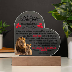 Heart-shaped acrylic plaque on a wooden base with a heartfelt message from a father to his daughter, featuring an image of a lion and cub, symbolizing protection and love.