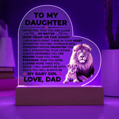 Illuminated acrylic heart plaque with a touching message from a father to his daughter, featuring an image of a lion and cub, displayed on a wooden base.