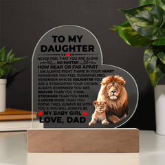 Heart-shaped acrylic plaque with a protective message from a father to his daughter, featuring an image of a lion and cub on a wooden base, perfect as a heartfelt gift.