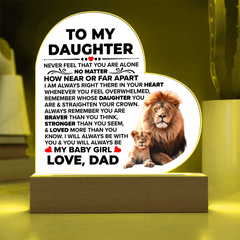 Heart-shaped acrylic plaque with a glowing wooden base featuring a detailed image of a lion and lion cub, ideal as a sentimental gift for daughter or loved ones.