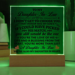 LED acrylic plaque with heartfelt message for daughter-in-law illuminated on a clear panel with a wooden light-up base, perfect sentimental gift for family occasions.
