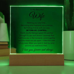 Square acrylic plaque with a heartfelt romantic message for a wife, illuminated with a soft green light and displayed on a wooden base, ideal as a sentimental gift.